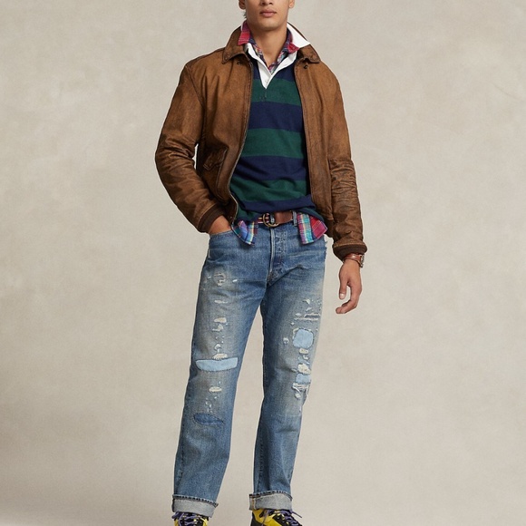 Polo Ralph Lauren Mens Brown Vintage Hand Detailed Leather Flight Bomber Jacket - Picture 2 of 10